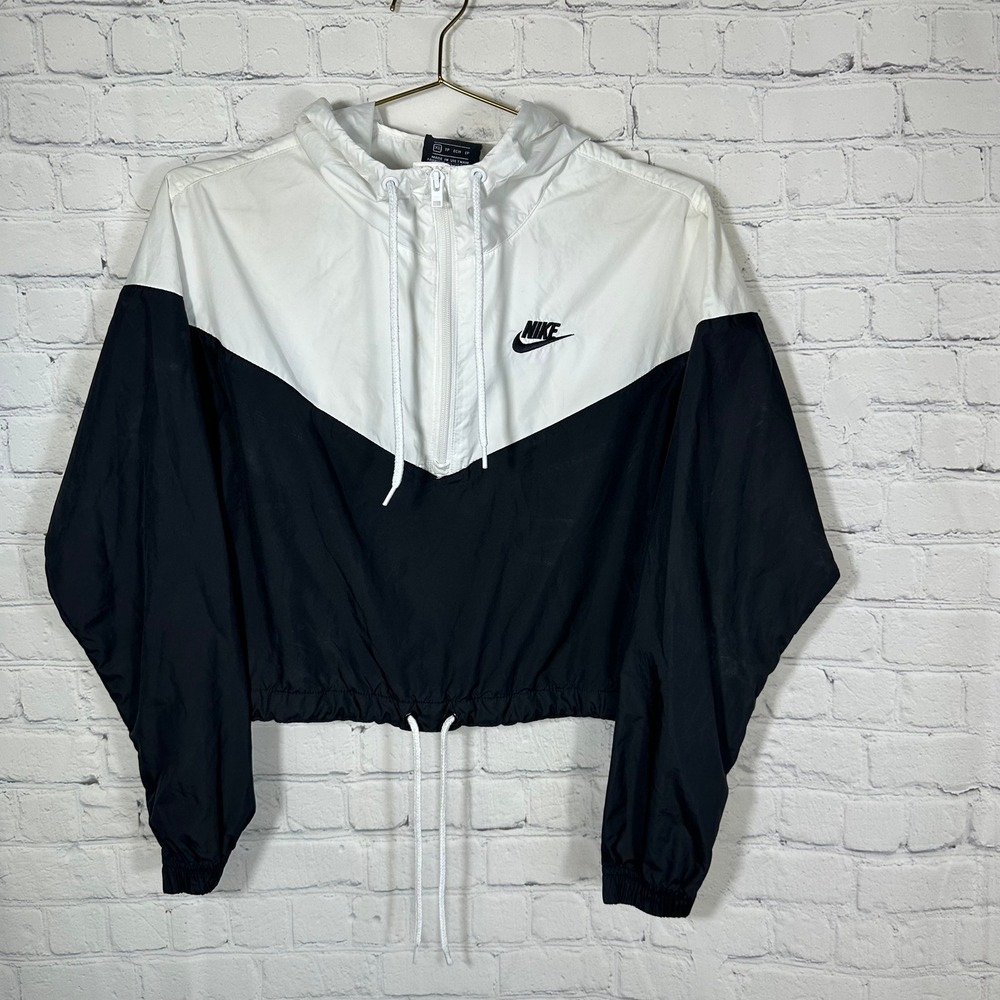 Nike‎ Womens Windrunner Cropped Windbreaker Jacket Black White Half Zip XS